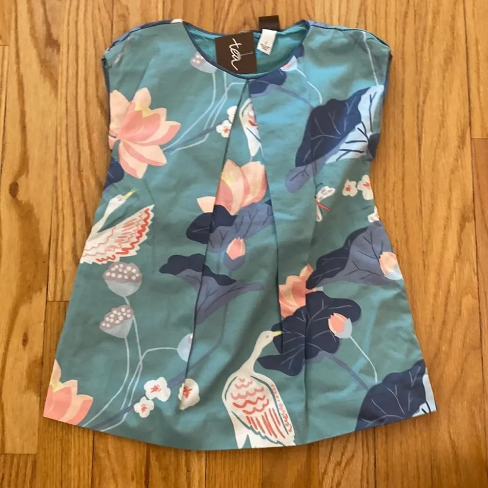 Tea Collection sz 2T blue pink white water lily and crane dress NWT cotton